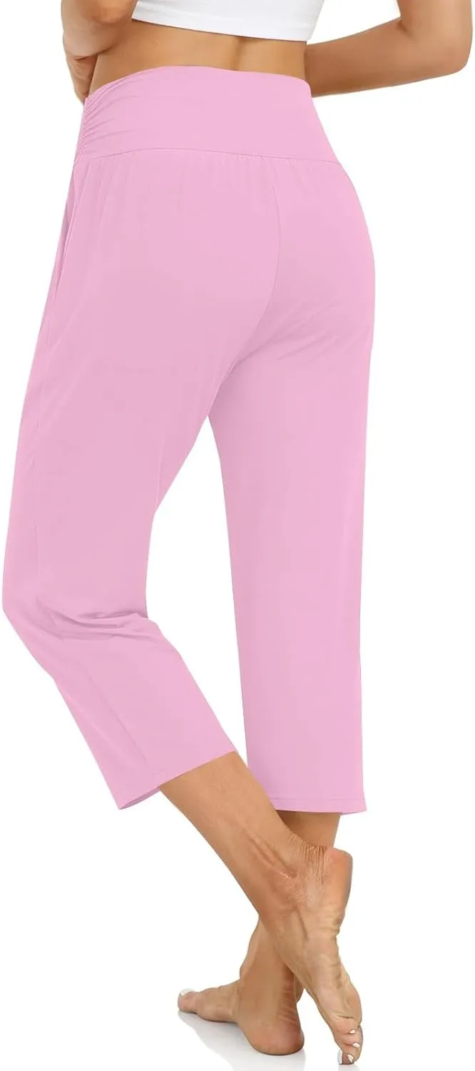 Yoga Capris with Pockets for Women Trendy Loose Fit Elastic High Waisted Capri Pants Comfy Stretch Cropped Pants