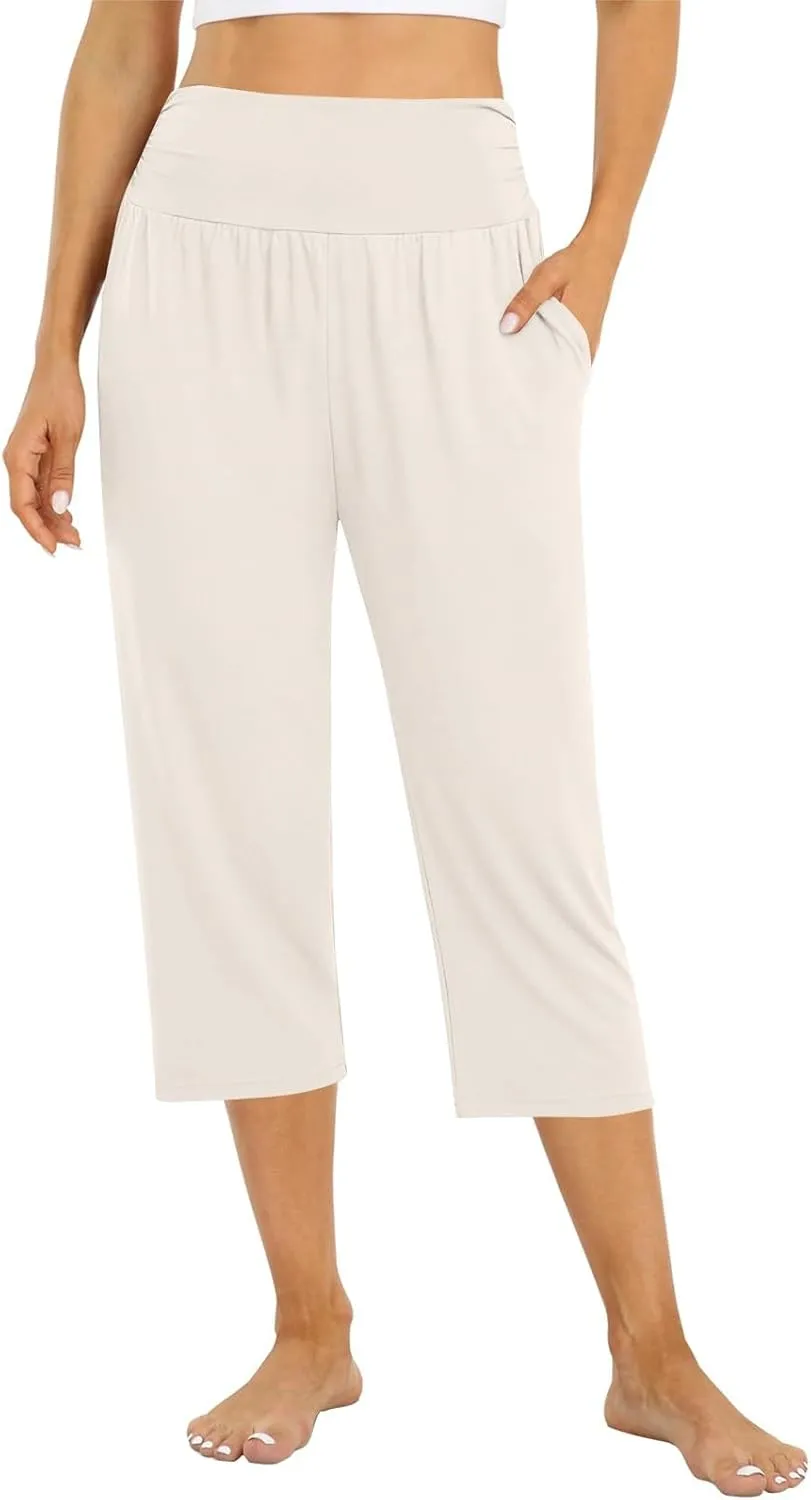 Yoga Capris with Pockets for Women Trendy Loose Fit Elastic High Waisted Capri Pants Comfy Stretch Cropped Pants