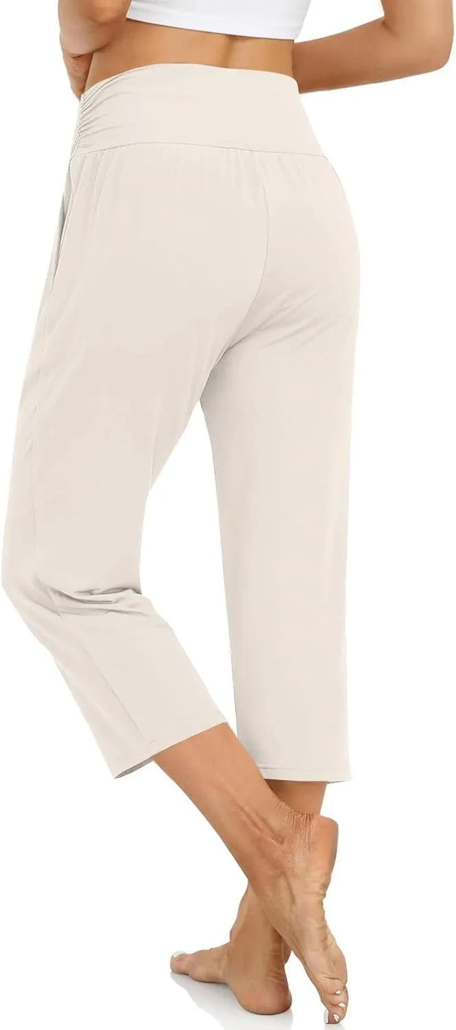 Yoga Capris with Pockets for Women Trendy Loose Fit Elastic High Waisted Capri Pants Comfy Stretch Cropped Pants