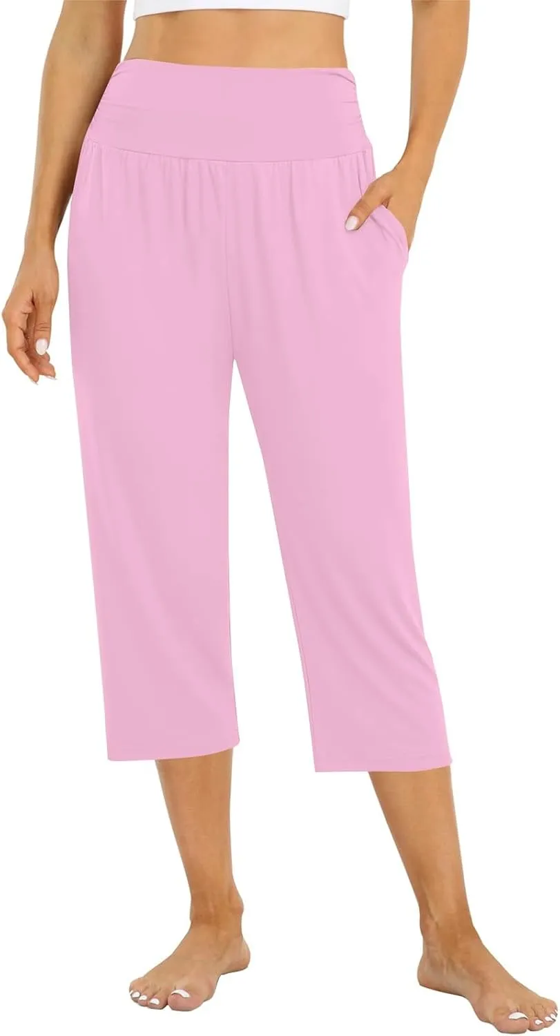 Yoga Capris with Pockets for Women Trendy Loose Fit Elastic High Waisted Capri Pants Comfy Stretch Cropped Pants