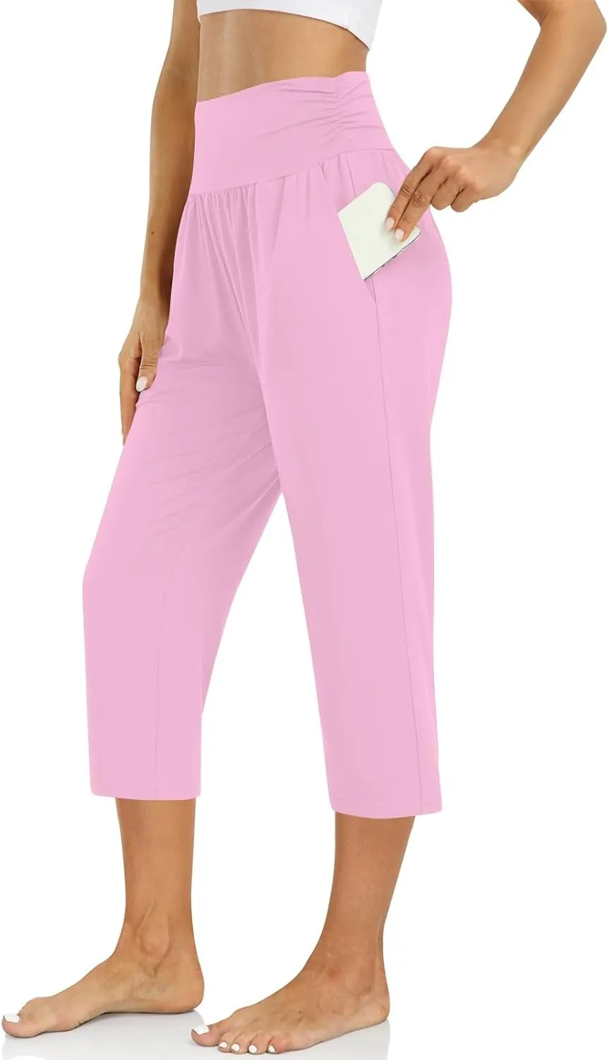 Yoga Capris with Pockets for Women Trendy Loose Fit Elastic High Waisted Capri Pants Comfy Stretch Cropped Pants