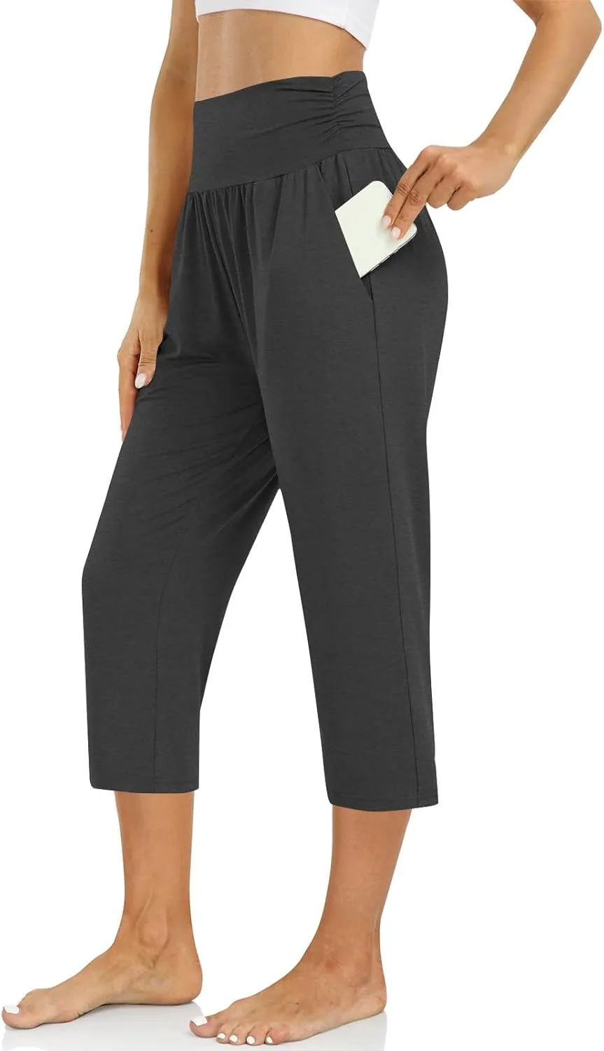 Yoga Capris with Pockets for Women Trendy Loose Fit Elastic High Waisted Capri Pants Comfy Stretch Cropped Pants