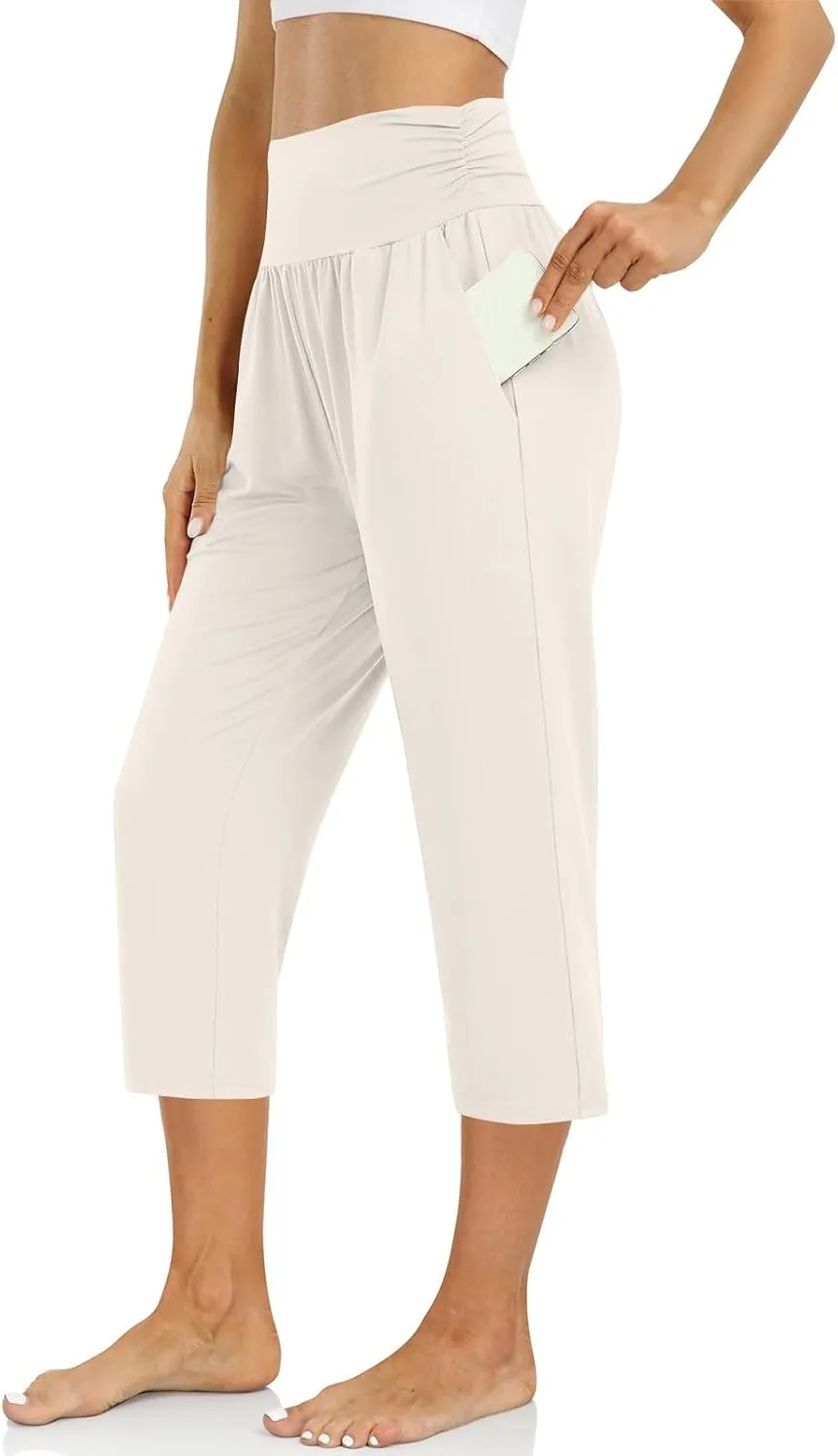 Yoga Capris with Pockets for Women Trendy Loose Fit Elastic High Waisted Capri Pants Comfy Stretch Cropped Pants