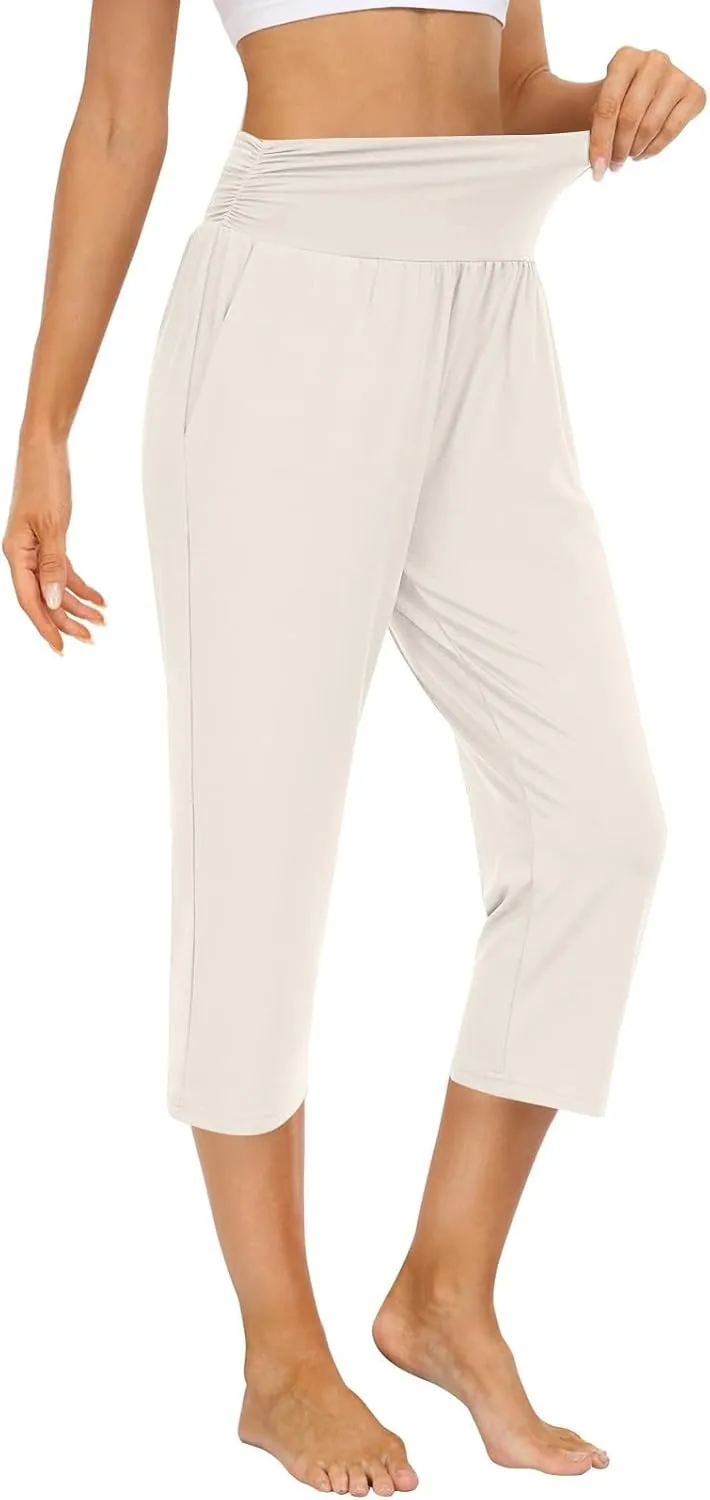 Yoga Capris with Pockets for Women Trendy Loose Fit Elastic High Waisted Capri Pants Comfy Stretch Cropped Pants